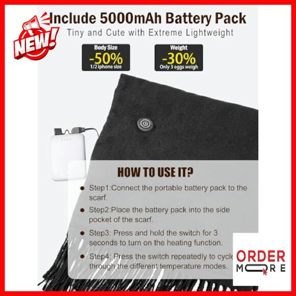 Rechargeable Heated Scarf with 3 Heat Settings for Winter Warmth - Picture 3 of 6